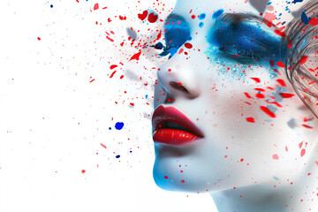 High fashion model with colored eye makeup, perfect skin,  glossy lips, half face and colour splash with a white card template. Fashionable advertisement