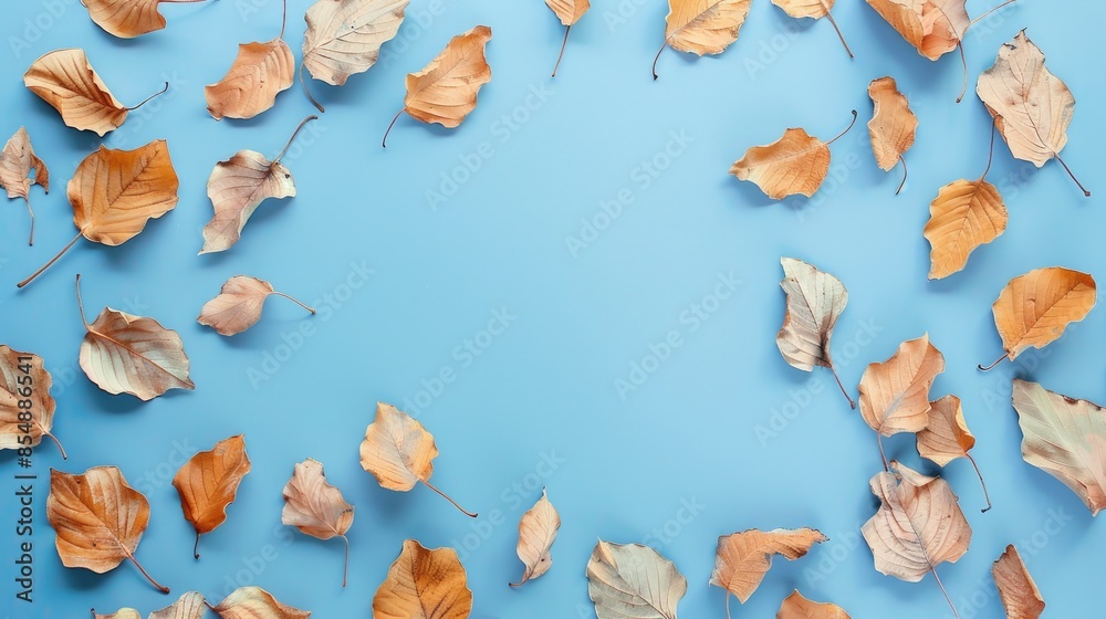 Canvas Prints Festive seasonal composition with dried leaves on blue pastel background