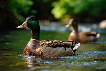 Obraz premium View from side body of a three Cayuga duck swimming in river, Awe-inspiring, Full body shot ::2 Side Angle View