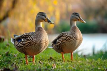 Obraz premium View from side body of a three Khaki Campbell duck standing on riverside, Awe-inspiring, Full body shot ::2 Side Angle View
