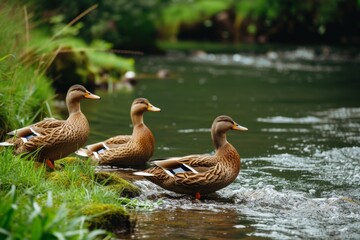 Obraz premium View from side body of a three Peking duck swimming on river standing on grass, Awe-inspiring, Full body shot ::2 Side Angle View