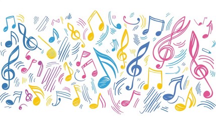 Colorful hand-drawn music notes on white background
