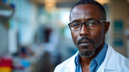 Fototapeta premium A close-up photo of a man wearing glasses and a white lab coat looks thoughtfully at the camera
