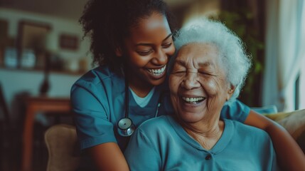 A home health care worker assists an elderly woman in her home