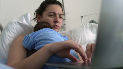 Obraz premium New mother in hospital bed focused on laptop with newborn baby on chest, balancing work and parenting, postnatal care, family bonding, healthcare, remote work, motherhood challenges