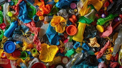 discarded plastic waste objects as the repeating elements to create a seamless, tiled pattern background