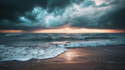 Fototapeta premium Melancholic beach scene captured in the fading light after a passing rain