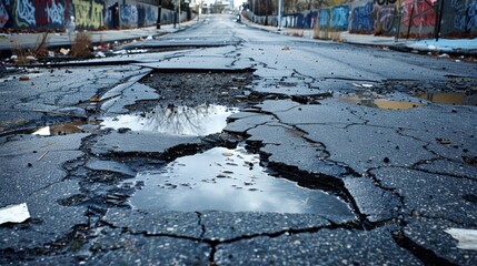 urban street scene of a cracked and potholed asphalt road cutting through a gritty city environment