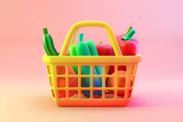 Simple style groceries shopping basket 3d rendering, 618 e-commerce shopping supermarket discount concept illustration