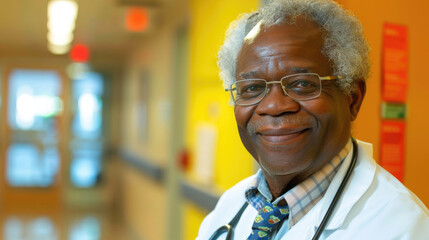 Obraz premium portrait of an elderly African-American male doctor in a white coat, smiling doctor with glasses on the background of a hospital corridor, grandfather