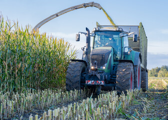 Traktor und Maishäcksler während der Maisernte 