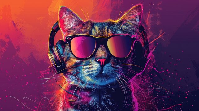 Cool cat in headphones and sunglasses listens to music in neon light