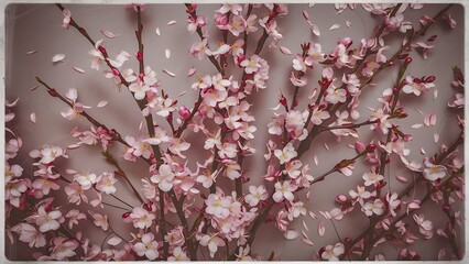 Fototapeta premium Pink cherry blossom fragile twigs close up on gray background retro toned