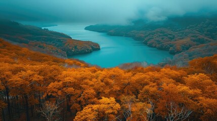 Breathtaking aerial view of a tranquil lake surrounded by vibrant autumn forest under a misty sky, capturing the beauty of nature.