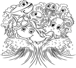 Underwater animals collection in doodlestyle
