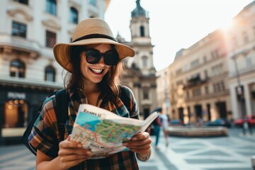 Young Female Tourist Exploring European City Square with Map and Backpack on a Sunny Day