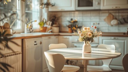 A kitchen room interior with flowers vase decor