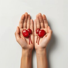 Human hands holding kidneys on white background Generative Ai 