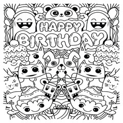 Happy birthday card with cute monsters in doodlestyle