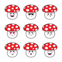 A set of cartoon characters in the form of mushrooms with different happy emotions.