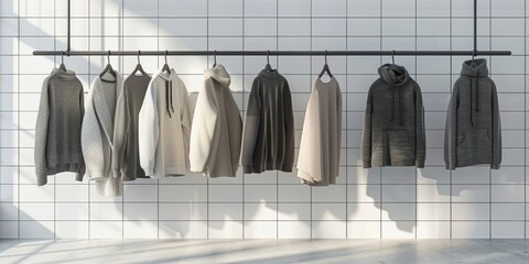 Minimalist Clothing Display in a White Tiled Room