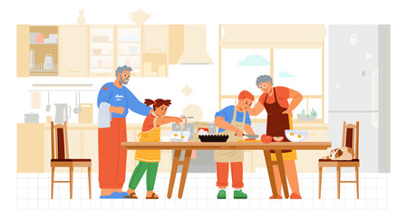 Grandparents with two grandchildren boy and girl cooking together in the kitchen flat vector illustration. Family spending time together at home.
