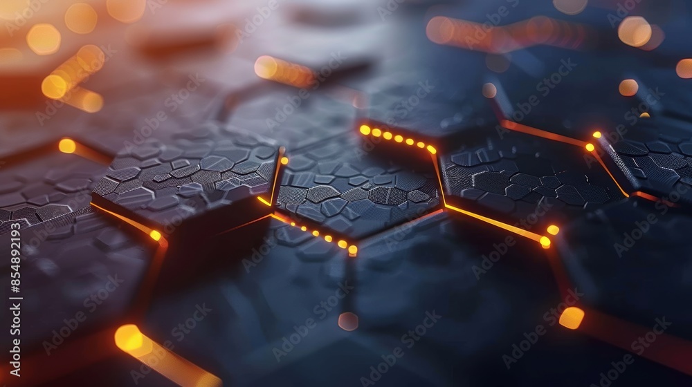 Wall mural abstract digital hexagon pattern with orange glowing lines