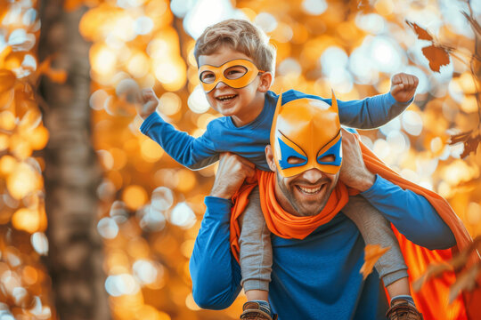 Father and Son Dressed as Superheroes Playing in Autumn Park