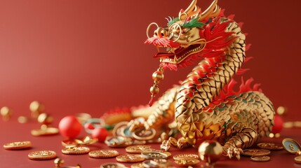 Fototapeta premium Golden dragon figurine on red podium for chinese new year