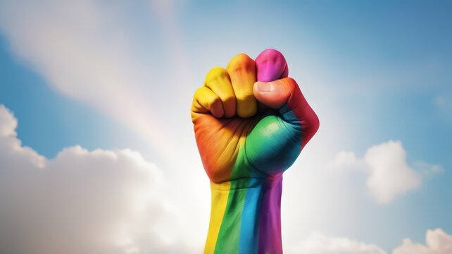 Illustration of colorful clenched hands for Pride Day. hands holding a rainbow heart on a colorful background