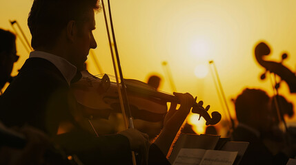 An orchestra in full swing during an open-air concert at dusk with the audience in silhouette against the setting sun.