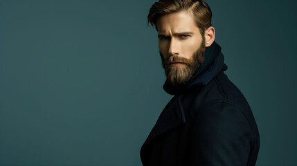 Obraz premium portrait of bearded man in dark turtleneck against dark background looking with serious expression with copy space