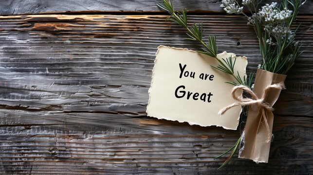 rustic wooden background with small green card with motivational message you are great surrounded by plants decoration copy space