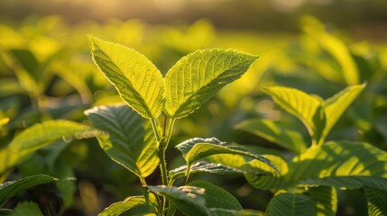 Obraz premium Morning light illuminating fresh leaves in the field