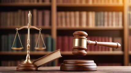 Wooden Gavel With Golden Scale On Table. golden gavel on a black background. Smart law, legal advice icons and lawyer working tools in the lawyers office showing concept of digital law background