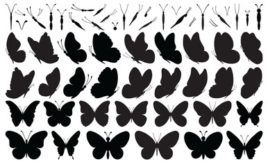 Set of black butterflies isolated on white background, collection of silhouettes. Butterfly black color, flying shape, vector design. Abstract modern monarch butterfly contours for decoration design