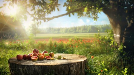 A sunny summer day in the orchard with fresh fruit on a tree stump