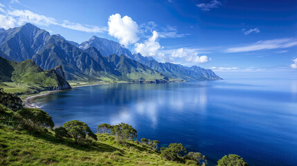 Majestic mountains and tranquil coastline landscape. Generative ai