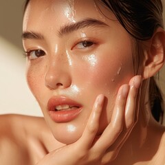 Close-up of a woman's face with glowing, dewy skin, highlighting natural beauty and skincare. She touches her cheek softly.