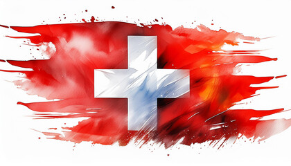 Abstract watercolor drawing of Switzerland flag isolated on white background. Hand drawn art.