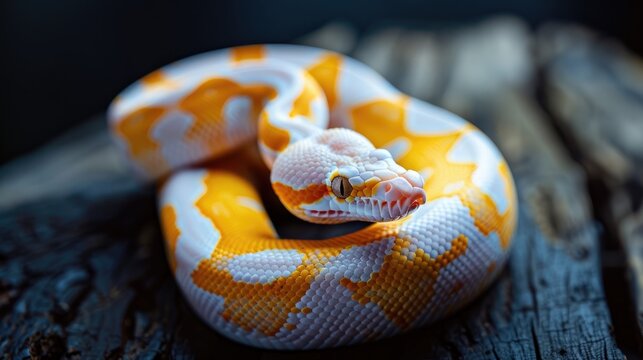 Albino morph Ball Python or Royal Python on dark surface Wood floor setting
