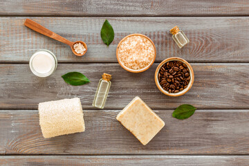Spa cosmetic set with coffee soap and essential oil, top view