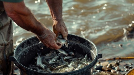 Fisherman preparing bait fish by the waters edge