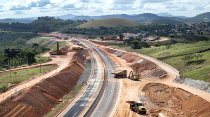 Large highway construction site with different construction equipment. Aerial view of the road construction.