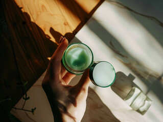 Photo of natural cosmetics with a glass jar in hand, top view