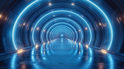 Obraz premium Sci-fi 3D space exhibition interior rendering, futuristic technology concept scene illustration background