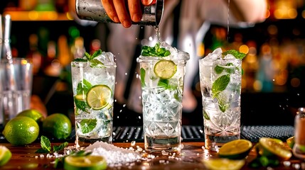 Bartender pouring refreshing cocktails in a lively bar. The image is vibrant, depicting chilled drinks with lime and mint.