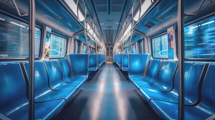 Fototapeta premium Interior of an empty train, subway car from the inside, perspective, no people, selective focus.