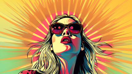 Portrait of a beautiful young blonde woman in sunglasses, in pop art style.