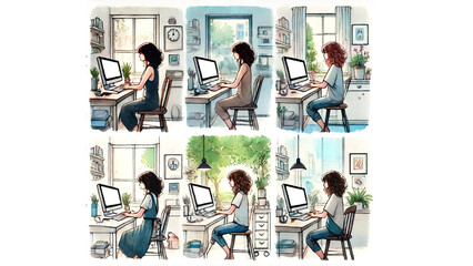 Obraz premium 水彩画風のホームオフィスシーン（各種角度と雰囲気）/Watercolor-Style Home Office Scenes (Various Angles and Atmospheres)generative AI